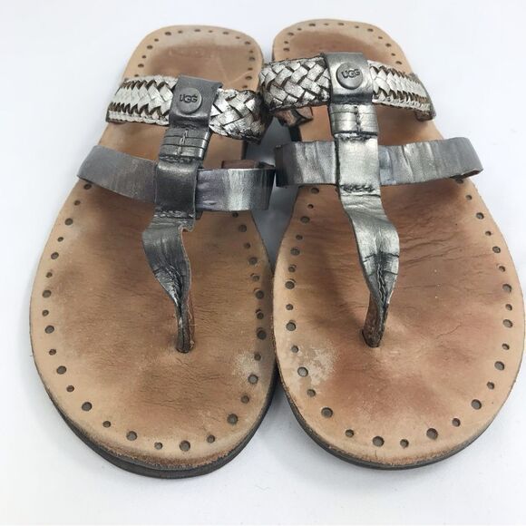 UGG Audra Metallic Silver Braid Leather Double Strap Thong Slide Boho Sandals - Picture 3 of 12